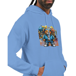 Men's urban teddy bear hoodie in blue, 50/50 cotton-poly blend, bold graffiti bear graphic.