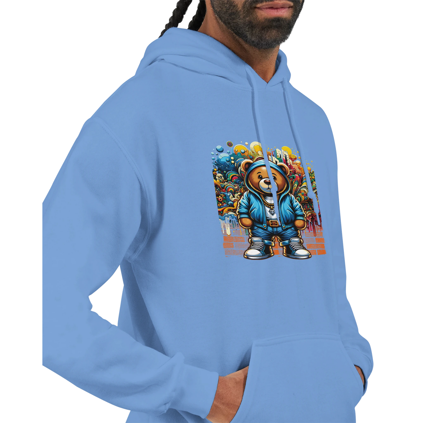 Light blue men's teddy bear hoodie with a colorful graphic of a bear on a white background. 1
