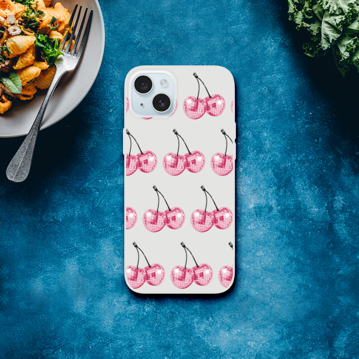 Glitter ball cherries pattern on a slim transparent iPhone case for iPhone 13-16, protective cover.