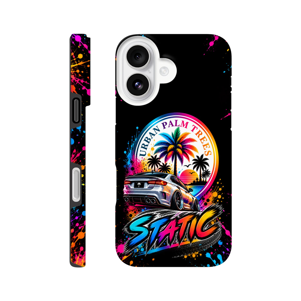 Black iPhone case featuring a lowered silver car, colorful Urban Palm Trees sunset graphic, and static text with neon paint splatters.