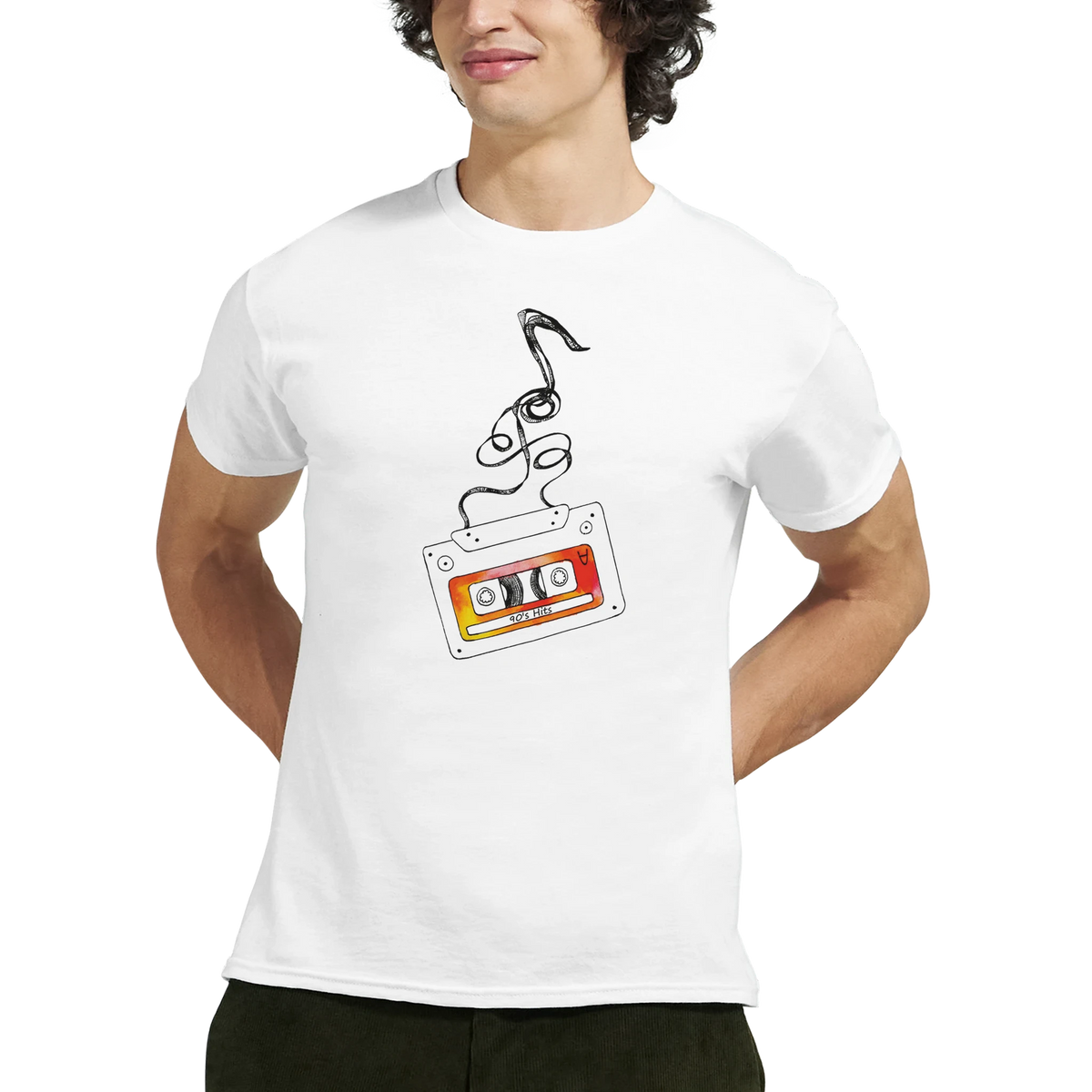 White retro cassette tape t-shirt for men. Nostalgic 90s Hits graphic with unspooling tape design on 80s music streetwear top.