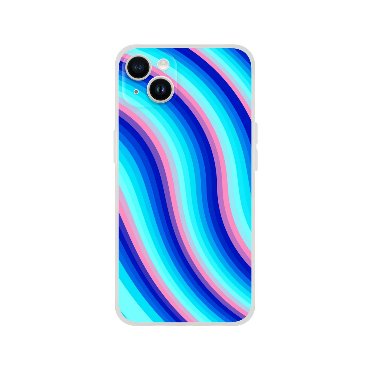Blue and pink retro wave iPhone case (13-16) with groovy Y2K swirl, matte finish, slim protective shell.