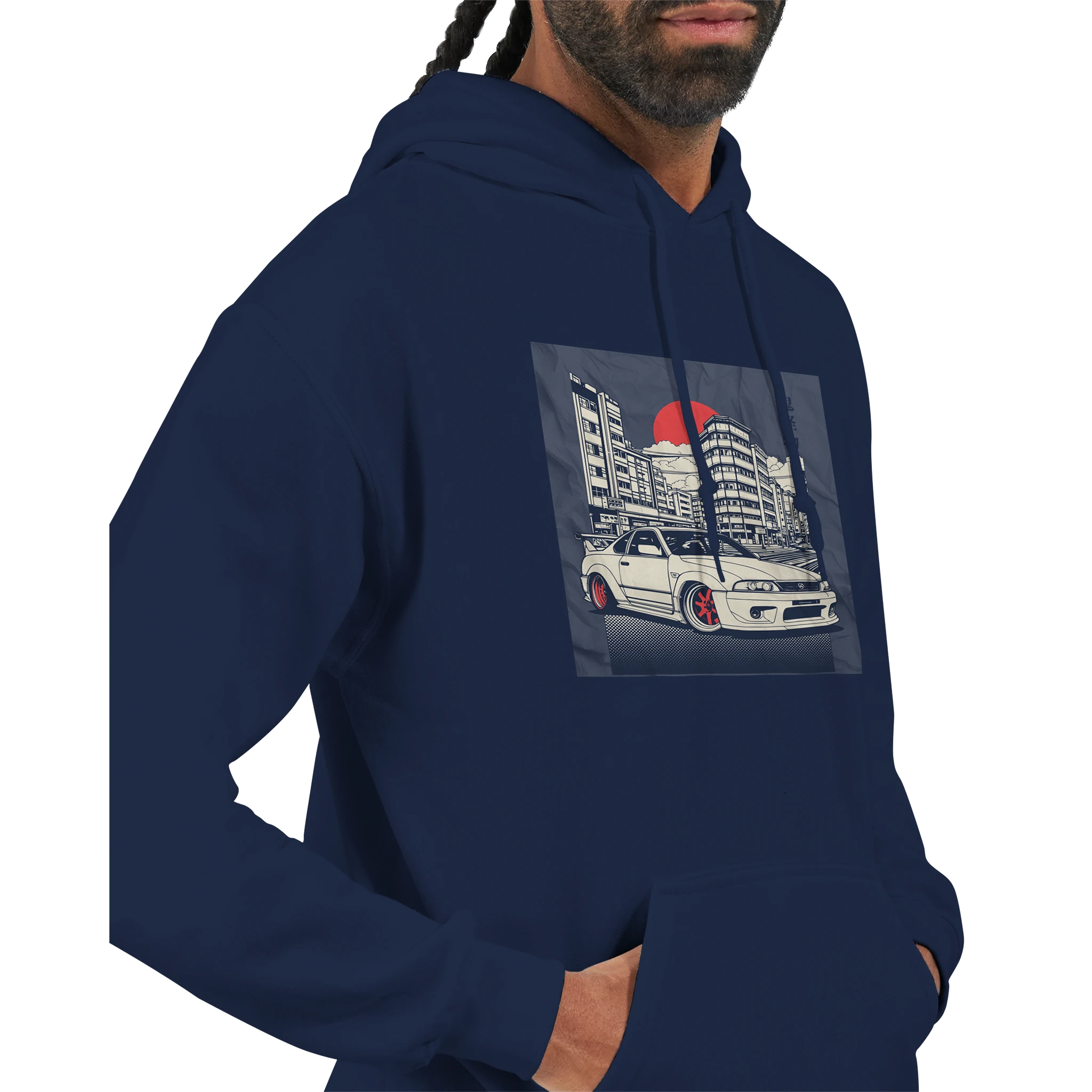Navy Car Jumper JDM hoodie with a 50/50 cotton-poly blend and front graphic of a street car under a red sun.
