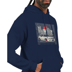 Navy Car Jumper JDM hoodie with a 50/50 cotton-poly blend and front graphic of a street car under a red sun.