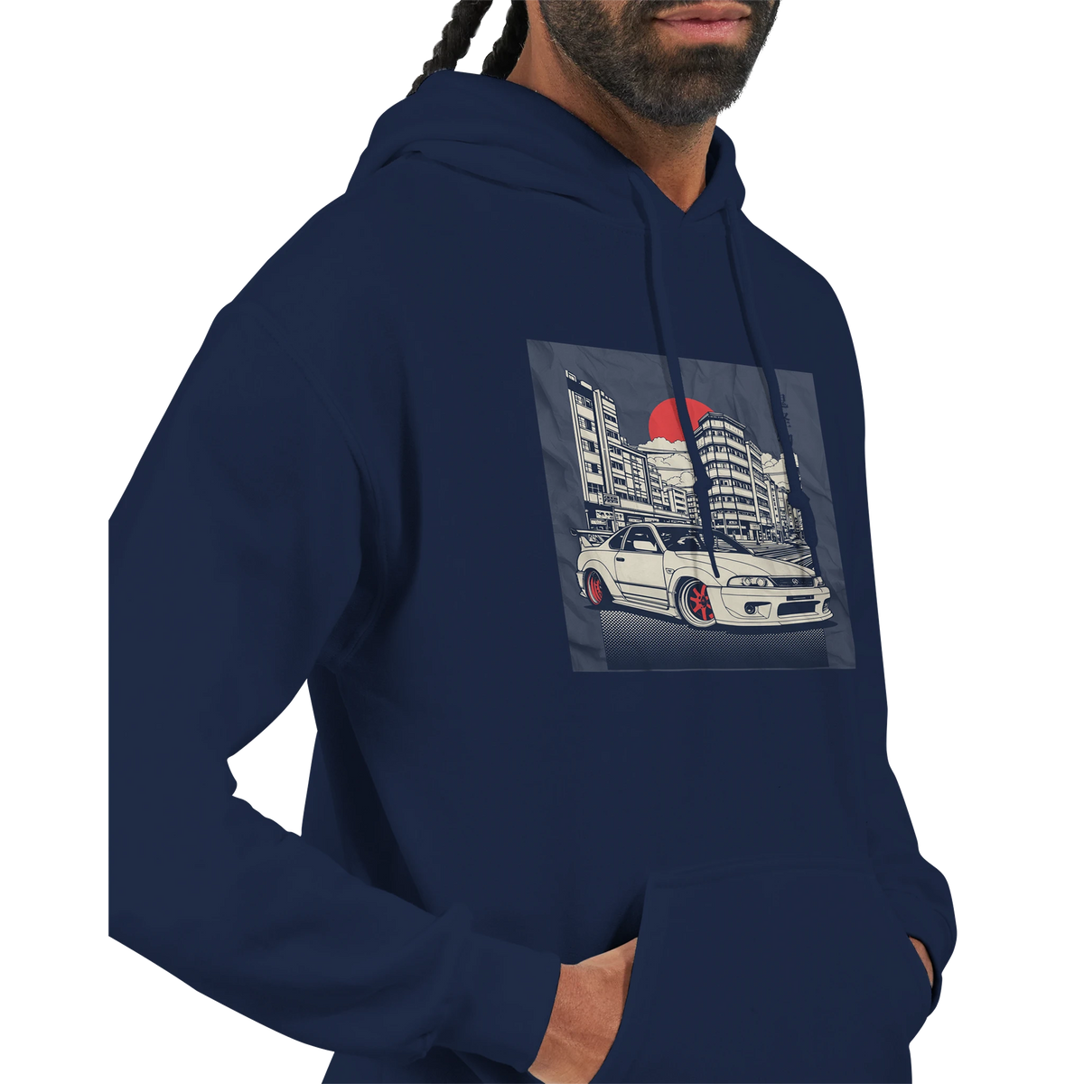 Navy Car Jumper JDM hoodie with a 50/50 cotton-poly blend and front graphic of a street car under a red sun.
