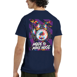 Navy t-shirt back featuring colorful retro drum kit graphic with palm tree and "Made to Make Noise" text.