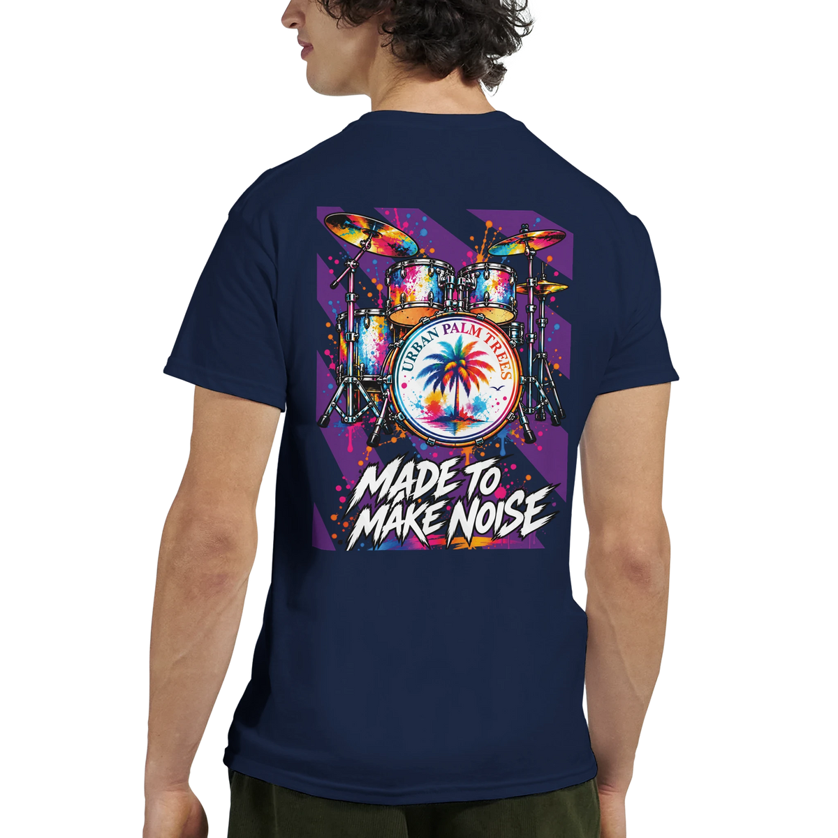 Navy t-shirt back featuring colorful retro drum kit graphic with palm tree and "Made to Make Noise" text.