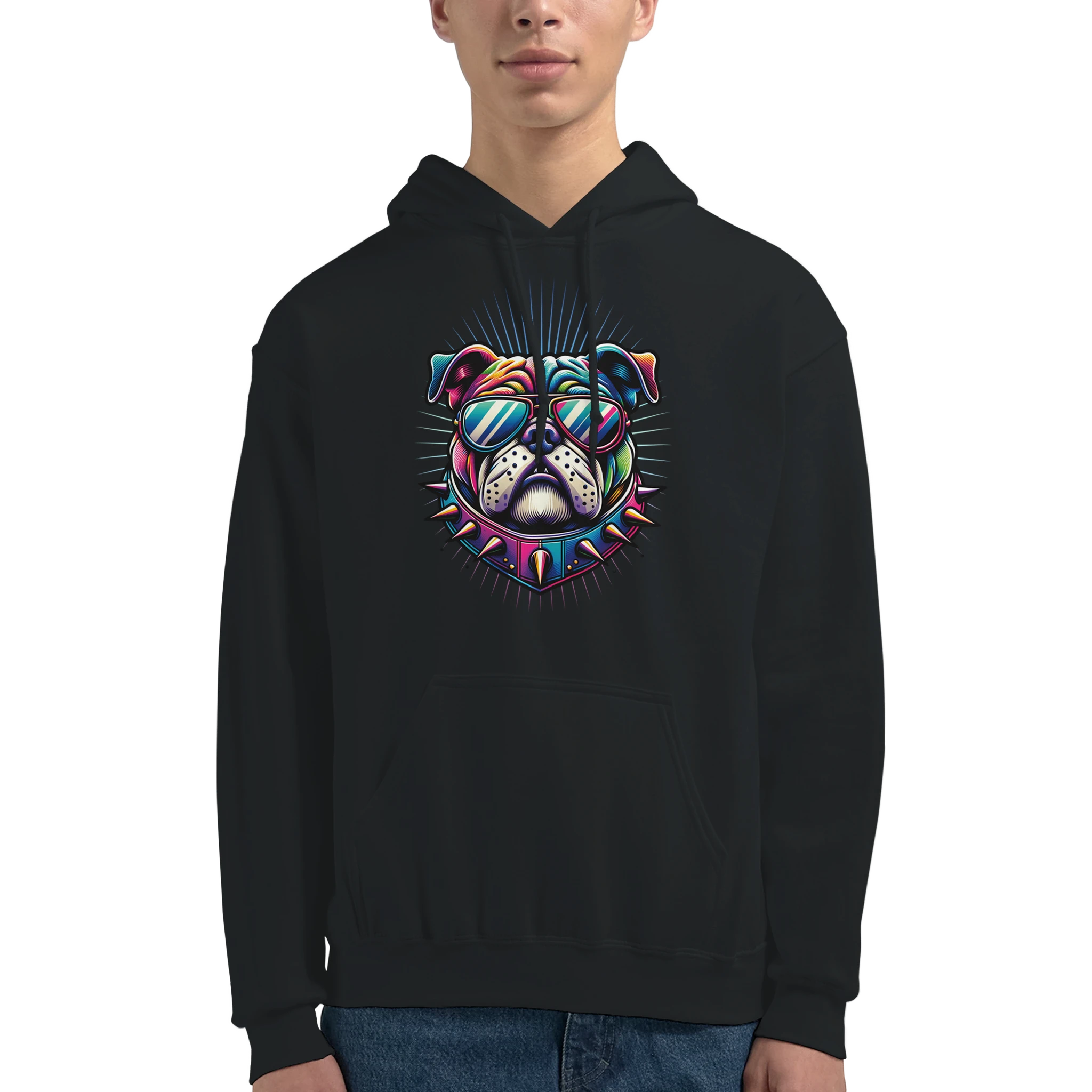 British Bulldog Jumper: men's graphic hoodie with colorful bulldog wearing sunglasses, front pouch pocket.