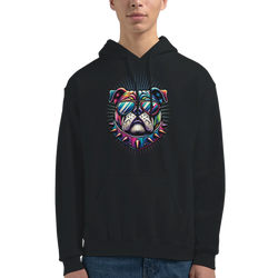 British Bulldog Jumper: men's graphic hoodie with colorful bulldog wearing sunglasses, front pouch pocket.