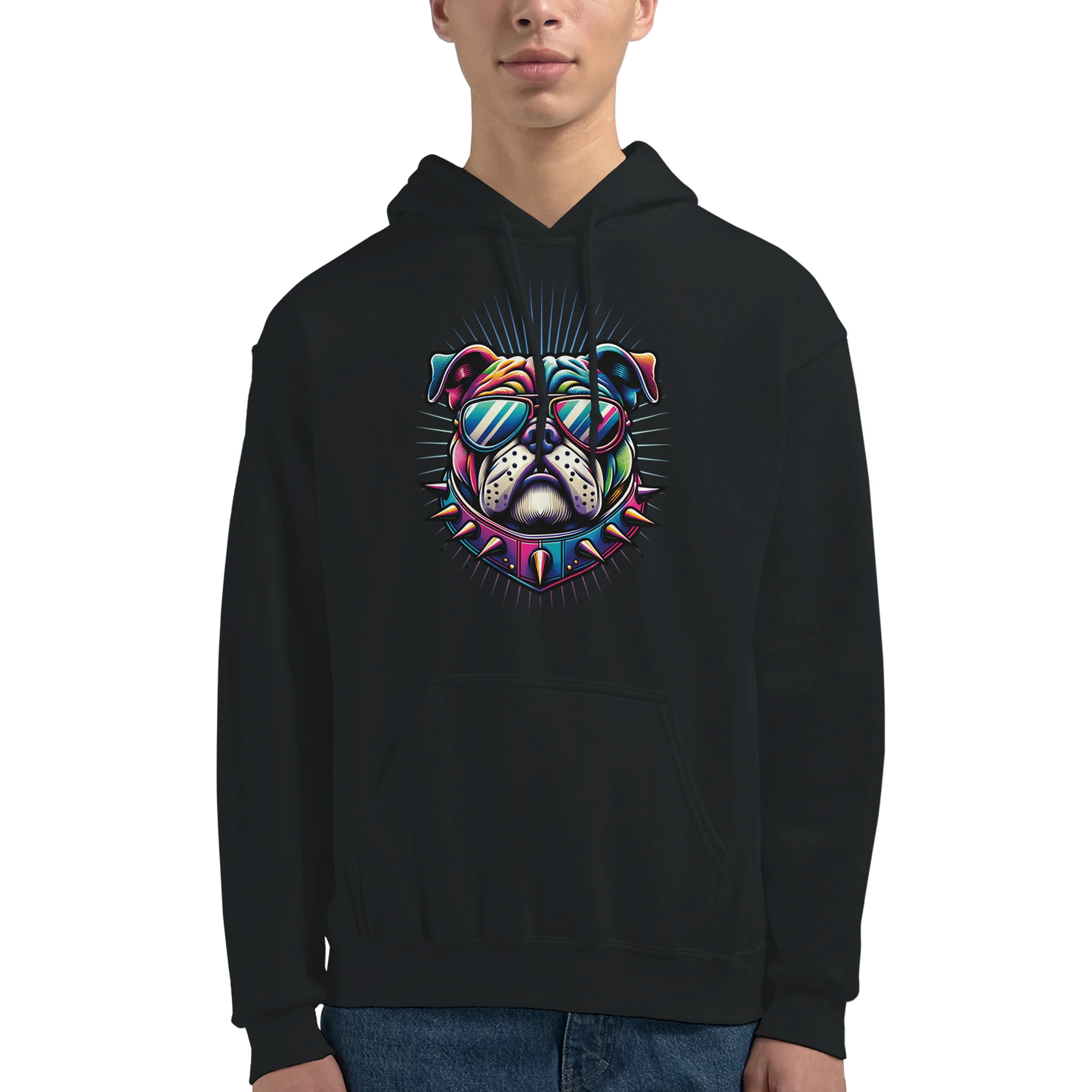 British Bulldog Jumper: men's graphic hoodie with colorful bulldog wearing sunglasses, front pouch pocket.