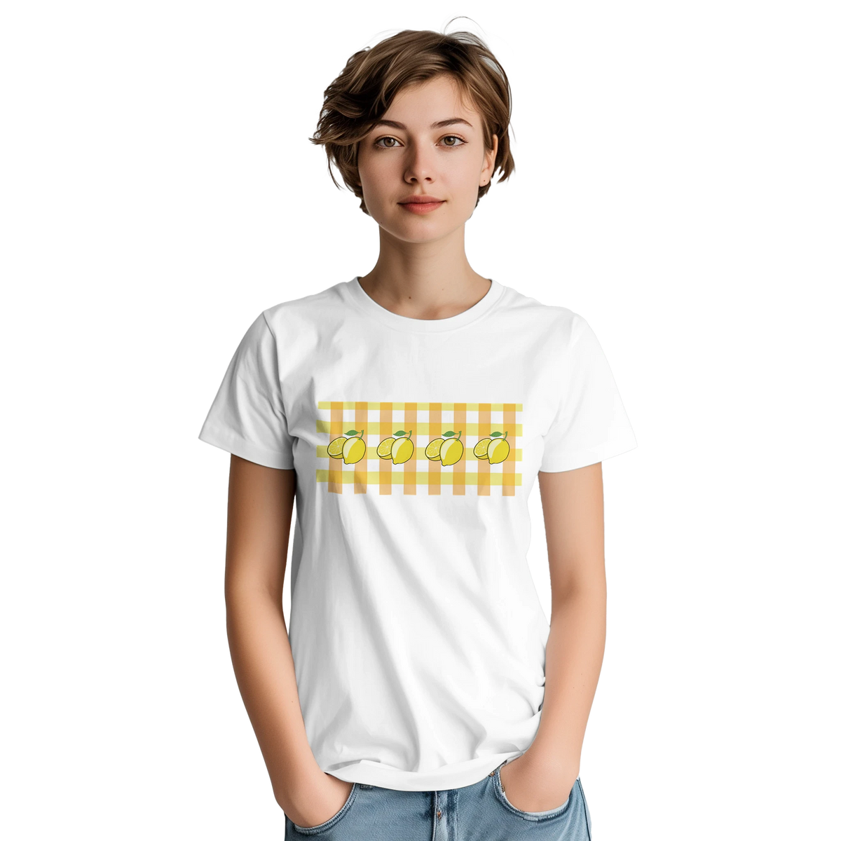 Woman wearing white Lemon Gingham Tee featuring a lemon graphic print.
