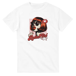 Retro pop art graphic: woman with red bob, sunglasses, licking a lollipop, 'Retro Girl' text on white tee