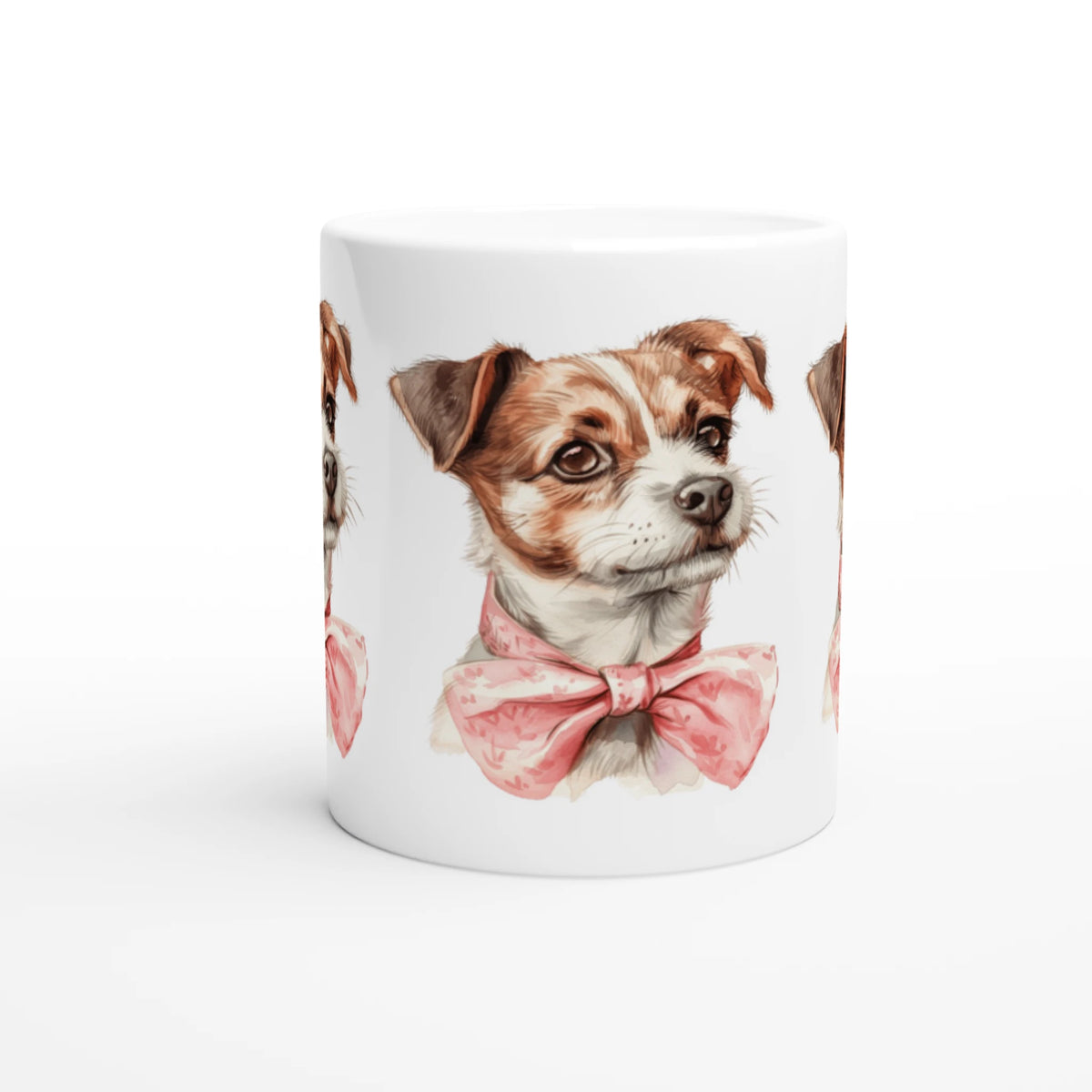 White ceramic mug featuring a cute dog illustration with pink bow tie, perfect gift for her.