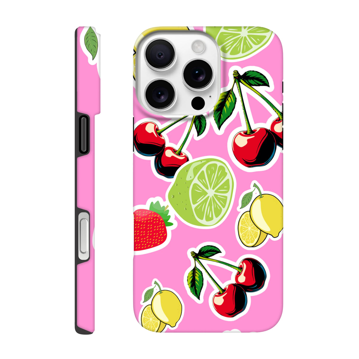 Pink iPhone case featuring cherry, lime, and lemon sticker effect design on a vibrant pink background with tough protective shell.