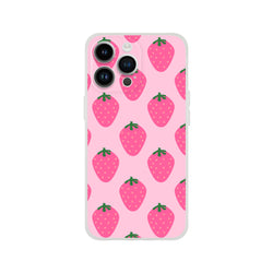 Cute pink strawberry iPhone case (13-16) with kawaii fruit aesthetic on pink background.