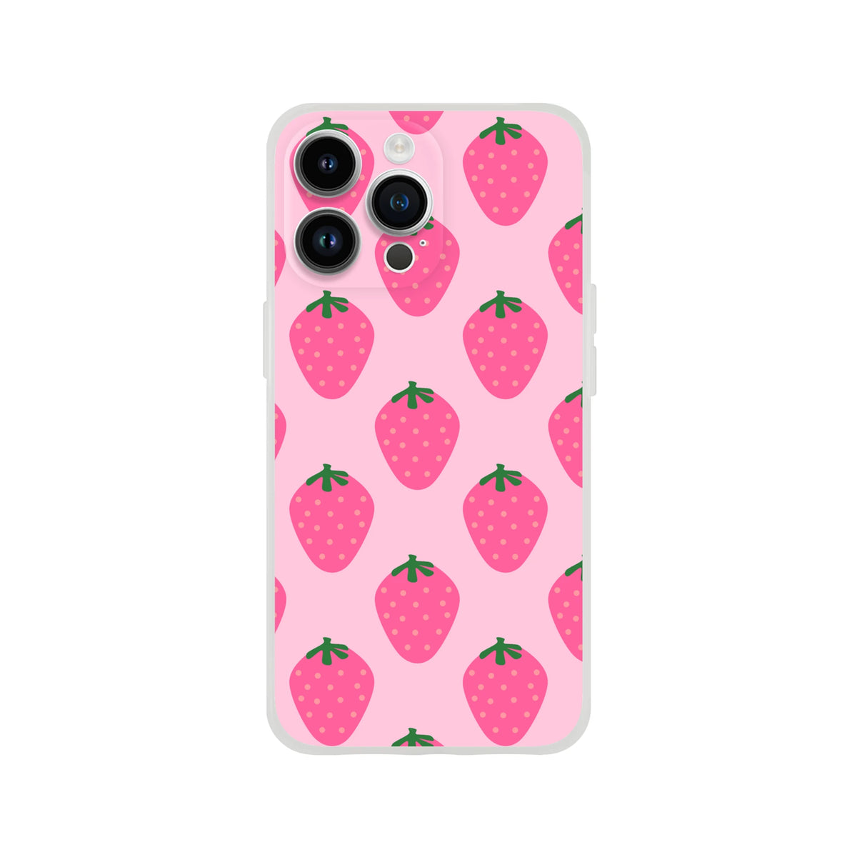 Cute pink strawberry iPhone case (13-16) with kawaii fruit aesthetic on pink background.
