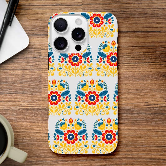 Colorful floral wraparound iPhone case with dual-layer protection and glossy finish for iPhone 16, 15, 14, 13.