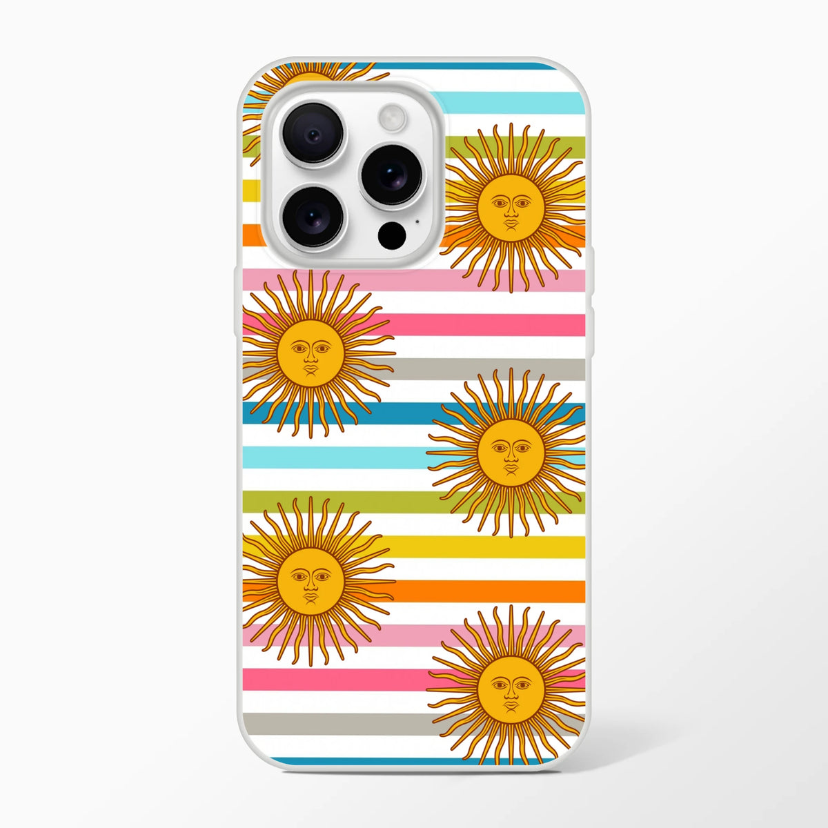Retro rainbow sun iPhone case for 13-16 with boho striped pattern and matte finish