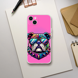 Pink Y2K Bulldog iPhone case with vibrant retro dog graphic and sunglasses, slim TPU shell.