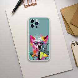 Funny dog iPhone case with retro pop-art design, teal background, colorful fur and pink sunglasses.