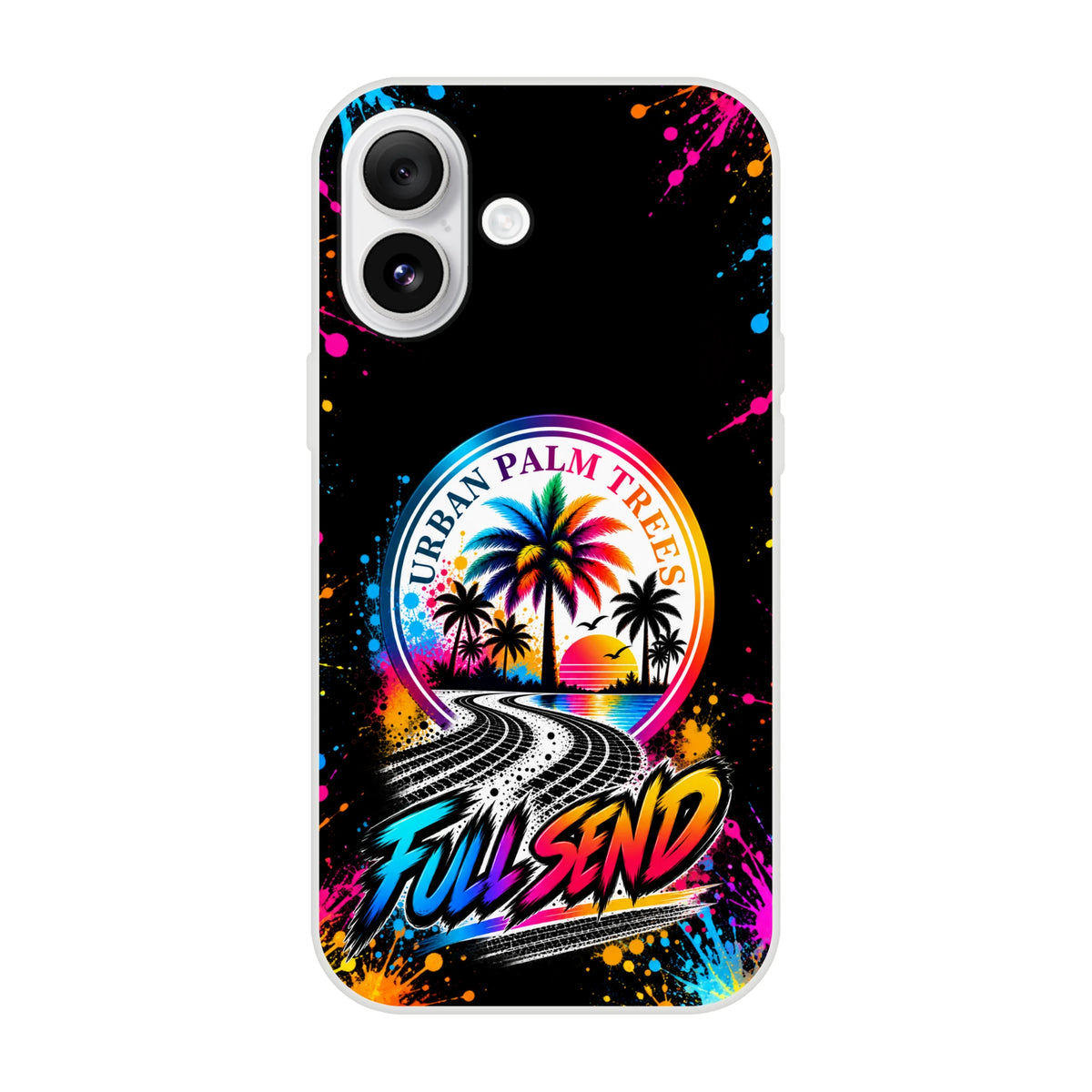 Full Send iPhone case featuring Urban Palm Trees design with colorful splatter, tire tracks, and shock-absorbing TPU protection for petrolheads.