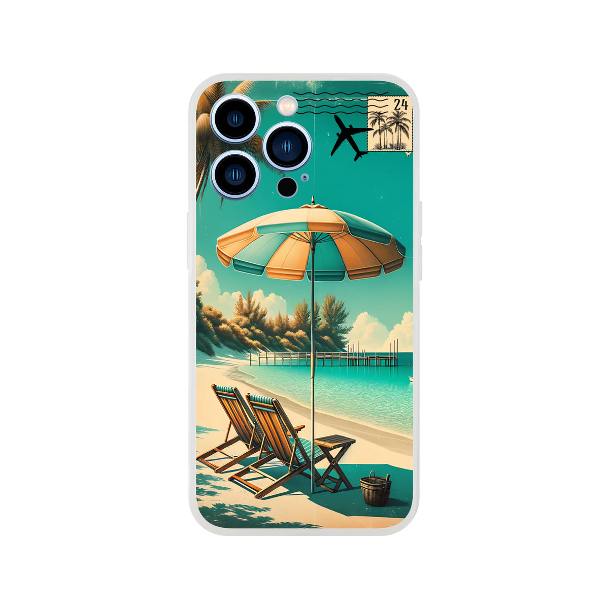 Vintage postcard iPhone case for iPhone 13–16 with holiday aesthetic, tropical palm scene and lightweight protection.