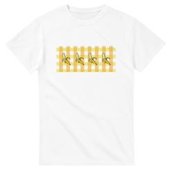 White women's t-shirt with banana graphic over yellow gingham pattern.