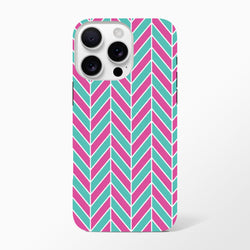 Pink and turquoise herringbone iPhone case with bold chevron stripes and dual-layer shock-absorbing protection for models 13-16.