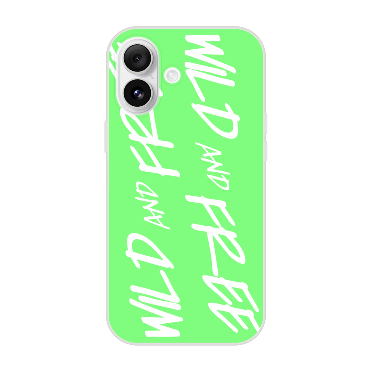 Bright lime green iPhone case with white Wild and Free slogan typography for 13-16 models