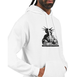 White Liberty DJ graphic hoodie featuring Statue of Liberty wearing headphones at a DJ mixer, soft cotton blend.