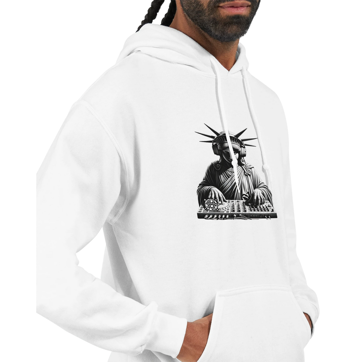 White Liberty DJ graphic hoodie featuring Statue of Liberty wearing headphones at a DJ mixer, soft cotton blend.