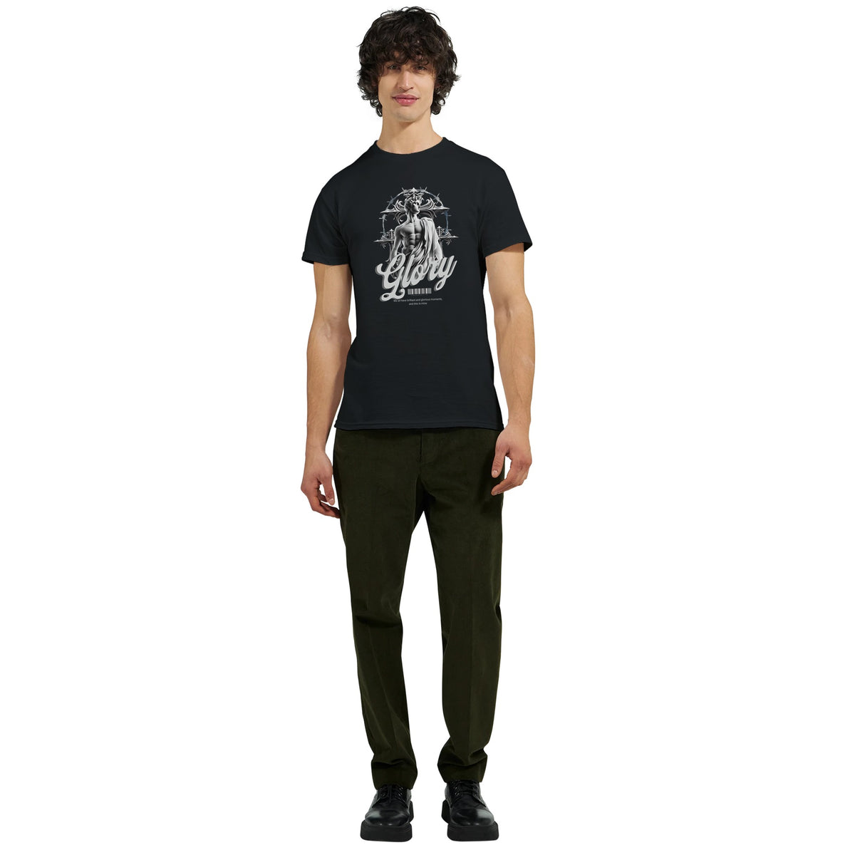 Man wearing Gothic Glory men's graphic T-shirt in black with white gothic artwork and 'Glory' script.