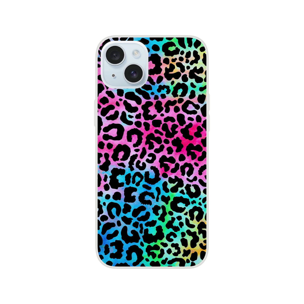 Rainbow animal print leopard iPhone case for iPhone 13-16 with slim matte finish.