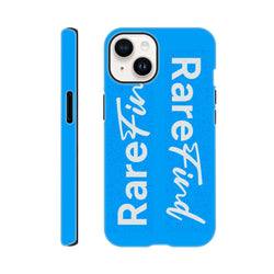 Rare Find blue tough iPhone case with white slogan text. Streetwear style phone cover for iPhone 13-16 models.