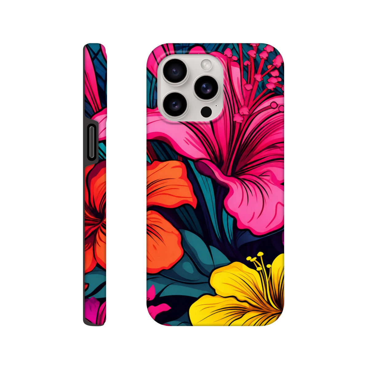 Vibrant tropical hibiscus iPhone case featuring bold pink, orange, and yellow florals with a seamless wraparound design for street style.