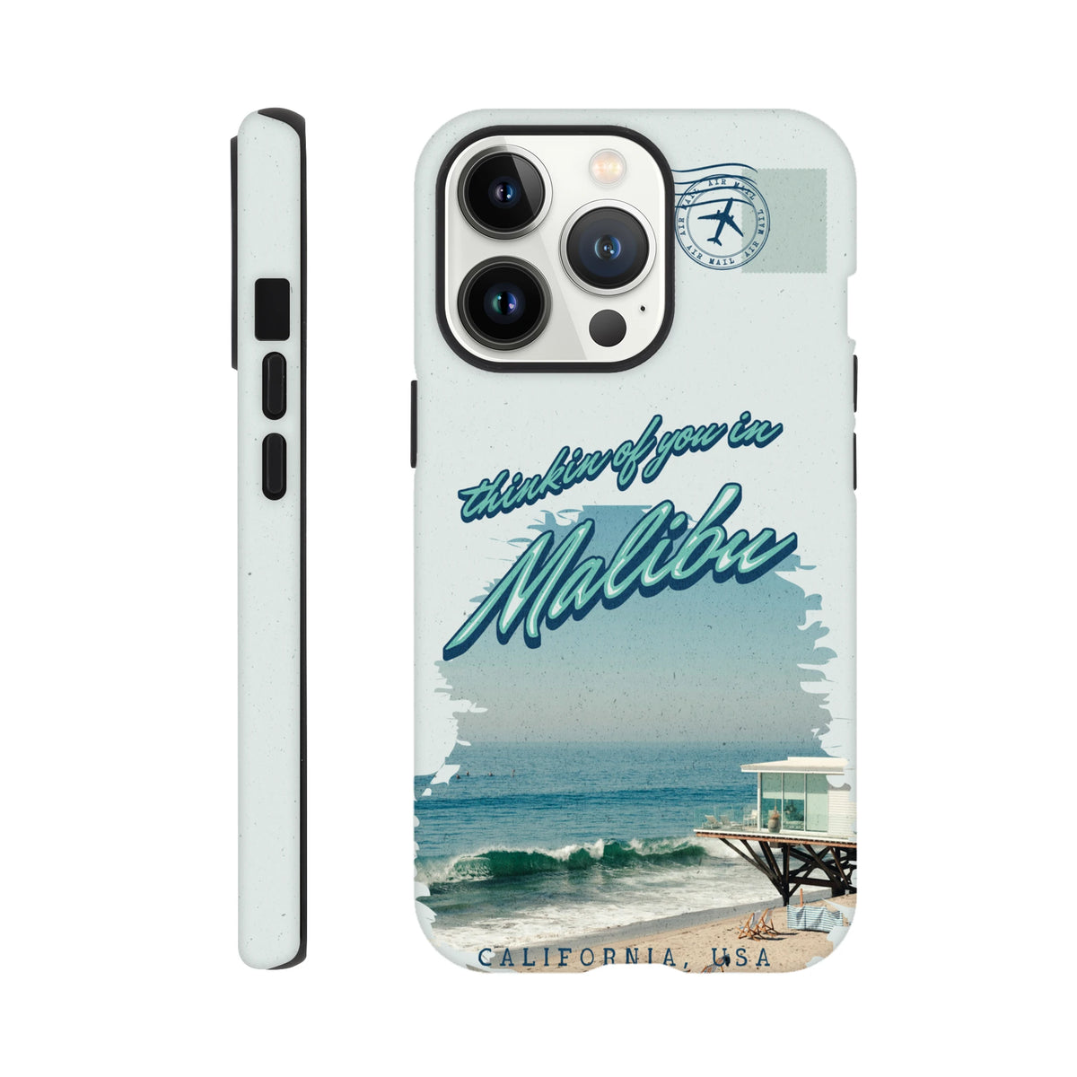 Vintage Malibu California beach phone case featuring ocean pier graphic and air mail stamp design for iPhone 13-16 protection.