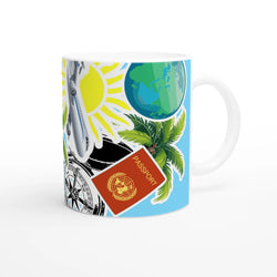 Travel adventure ceramic mug featuring passport, compass, airplane, globe, and tropical palm leaves for coffee lovers.