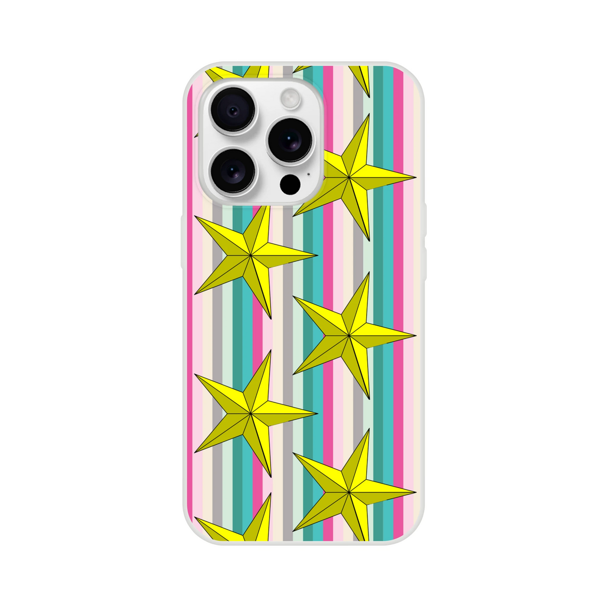 Pastel striped iPhone case with gold stars for iPhone 13-16, slim TPU with matte finish.