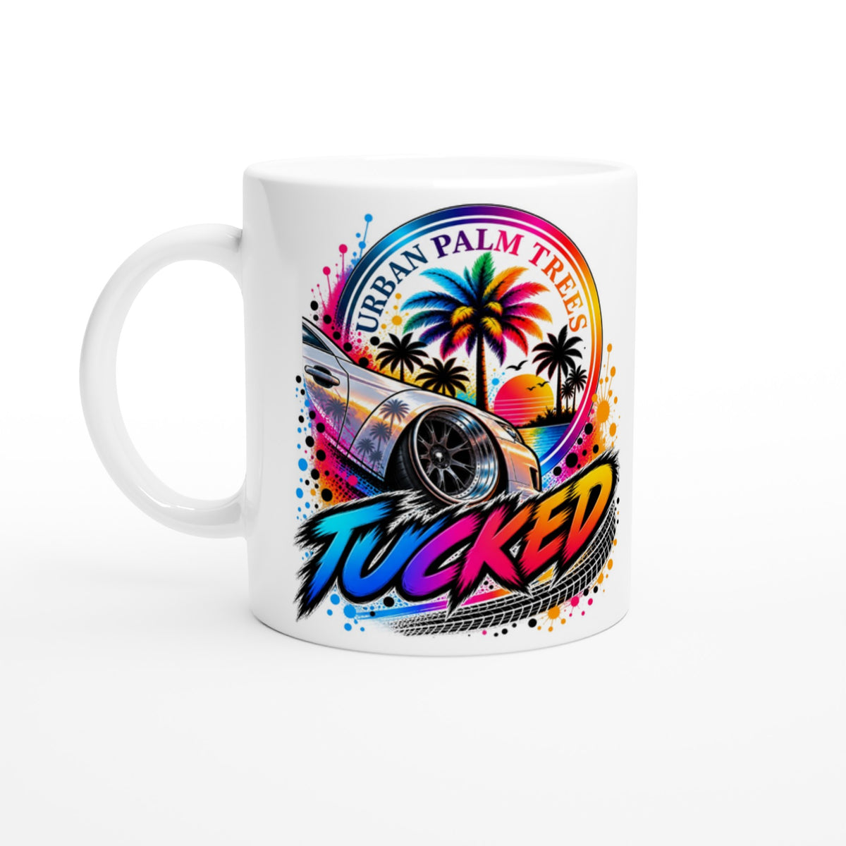 White ceramic mug featuring colorful tucked car art with palm trees and "Urban Palm Trees" text for car enthusiasts.