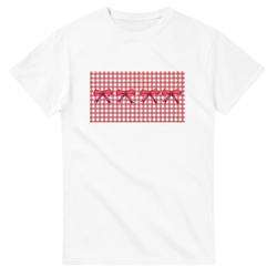 White T-shirt with red gingham panel and pink bows for a cute coquette aesthetic.