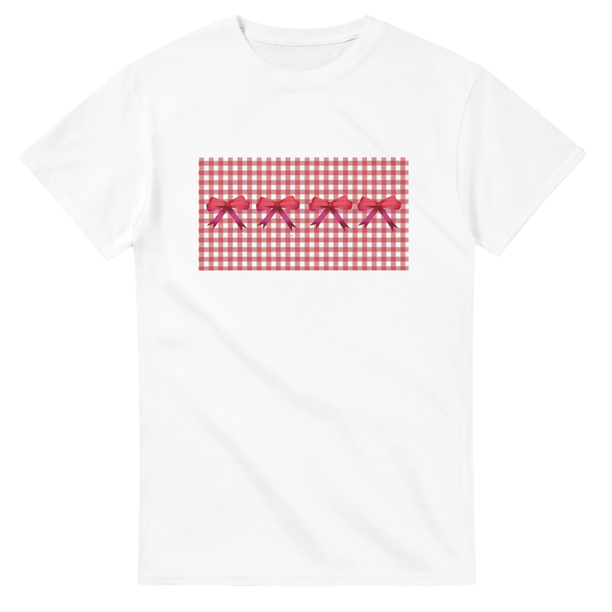 White T-shirt with red gingham panel and pink bows for a cute coquette aesthetic.