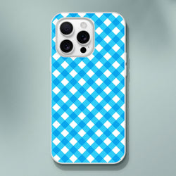 Blue gingham iPhone case with blue-and-white checkered pattern for iPhone 13–16.