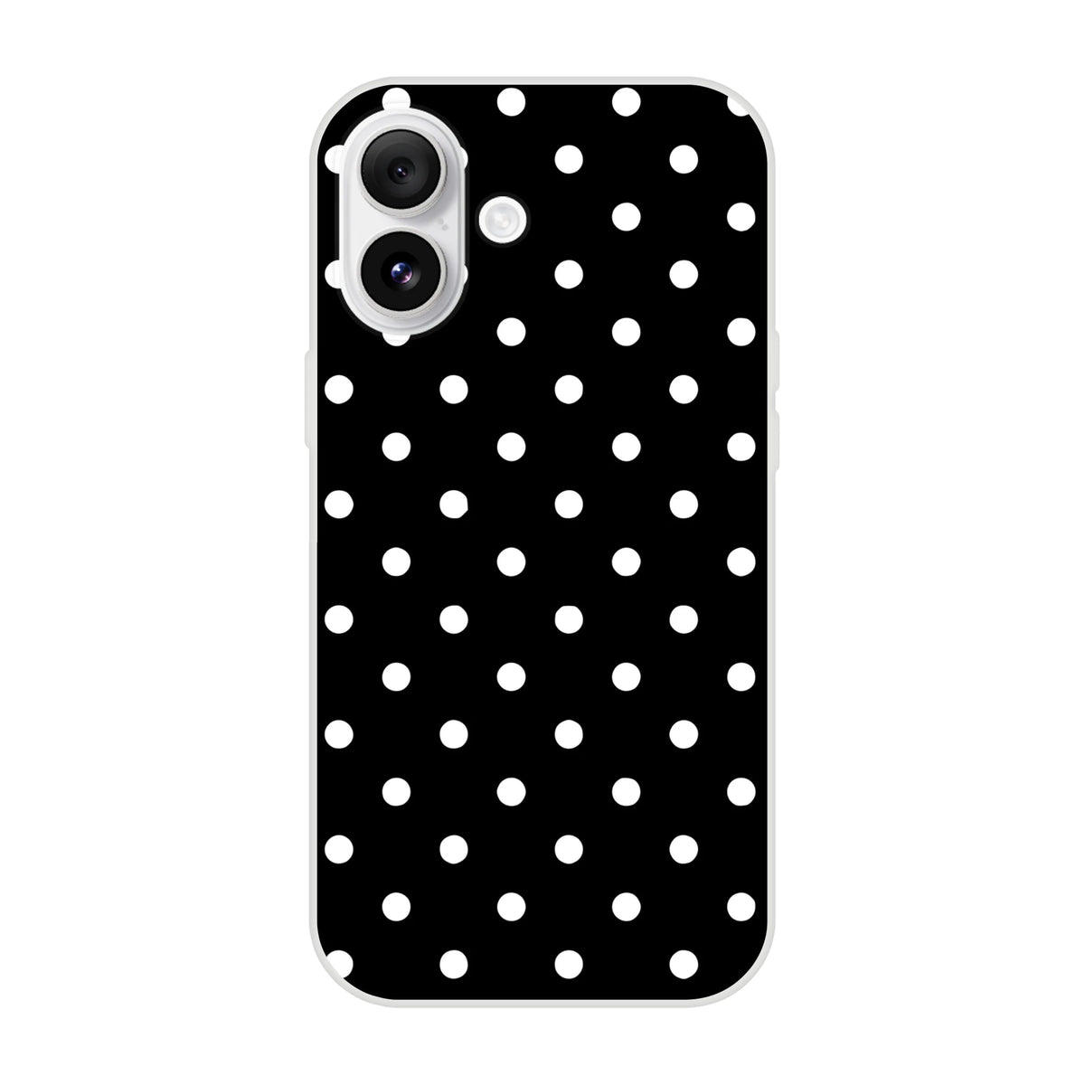 Retro black and white polka dot iPhone case. Slim matte TPU phone cover for iPhone 13-16 with wireless charging support and impact protection.