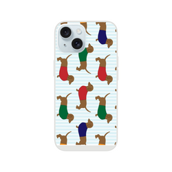 iPhone case with dachshund pattern in rainbow pants on light blue stripes for iPhone 13-16
