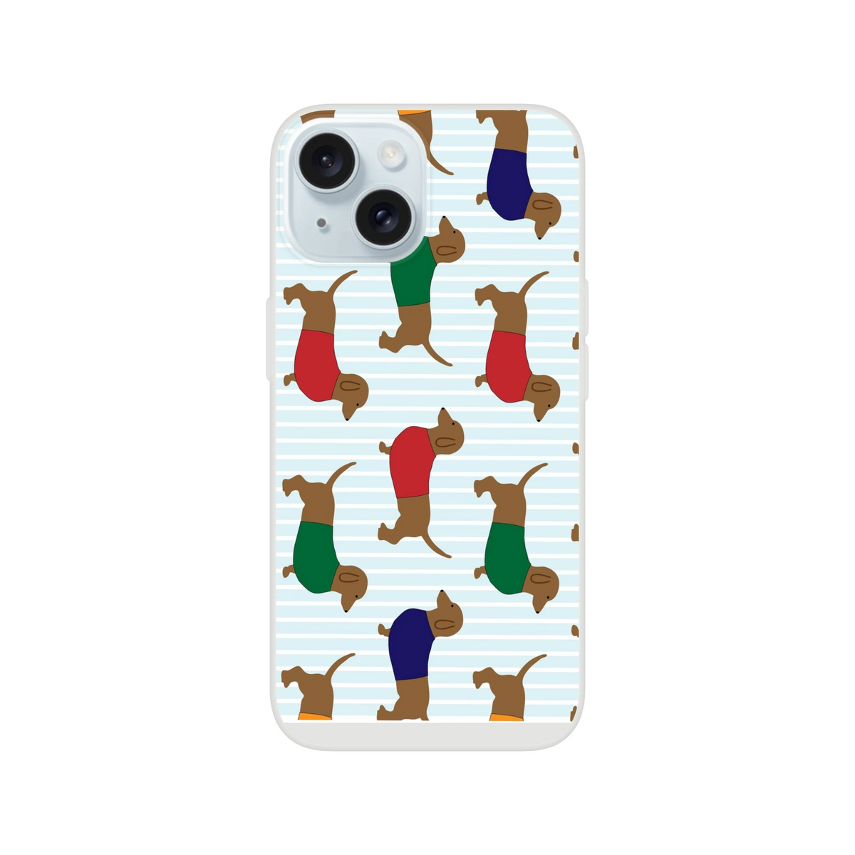 iPhone case with dachshund pattern in rainbow pants on light blue stripes for iPhone 13-16
