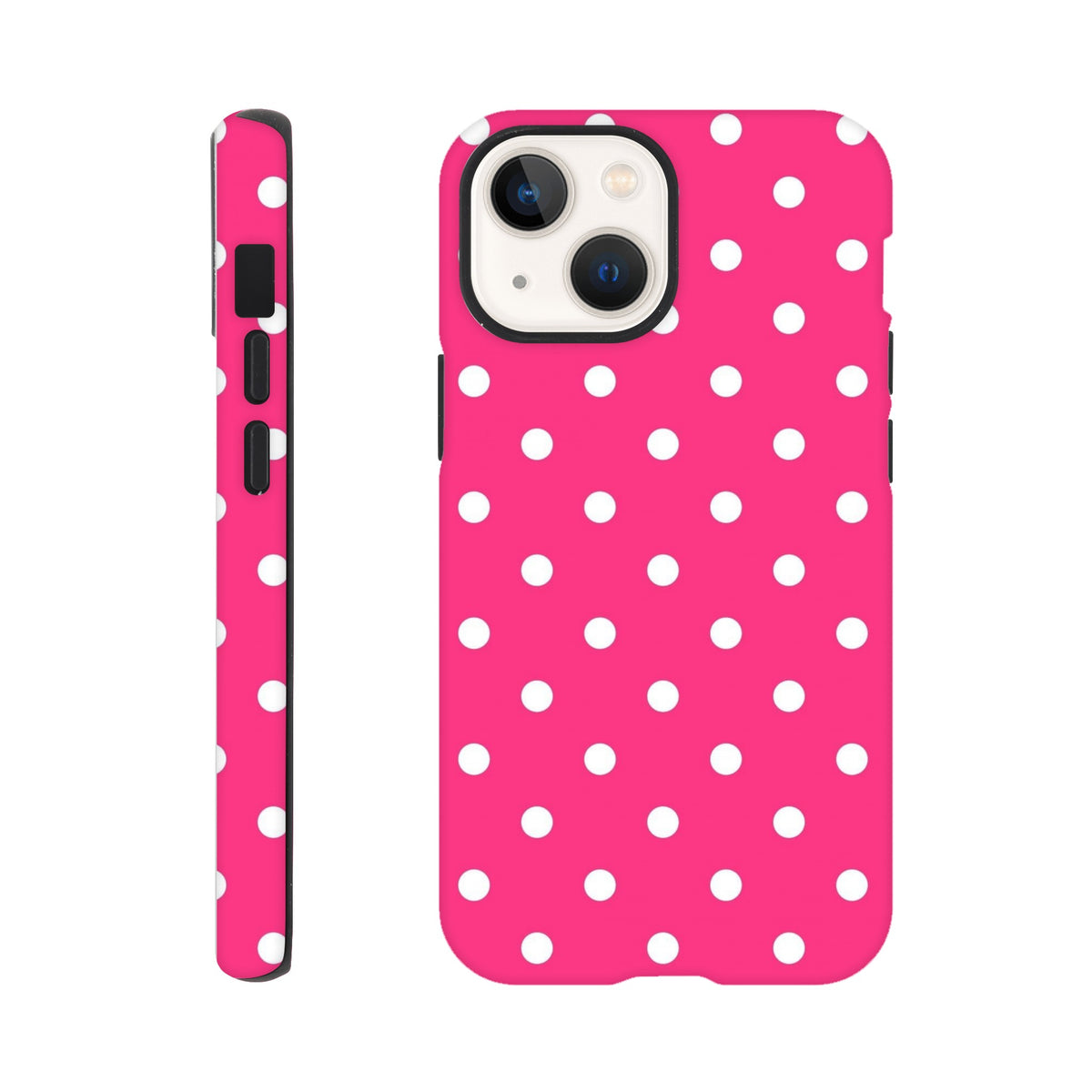 Hot pink dual-layer iPhone case with white polka dots. Rugged TPU protection guards against daily shock and impact for fast-paced use.