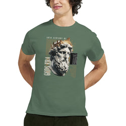 Olive green Gothic Gods men's graphic tee with crowned bust artwork on front, cotton blend.