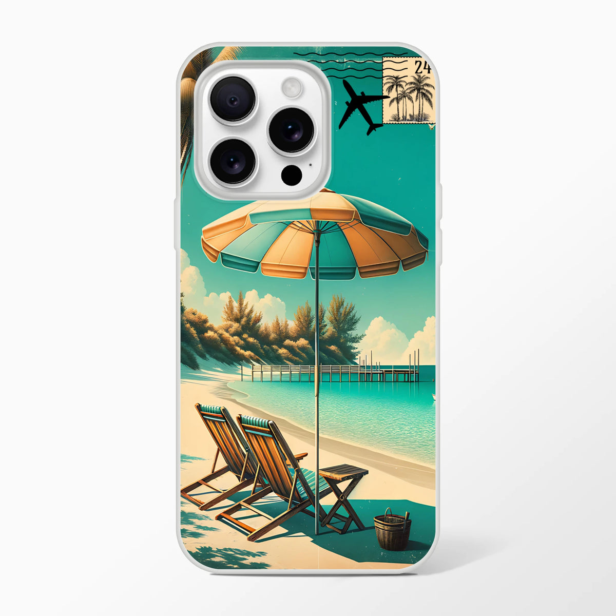 Vintage postcard-inspired iPhone case for 13-16 with a holiday beach scene and lightweight protection.