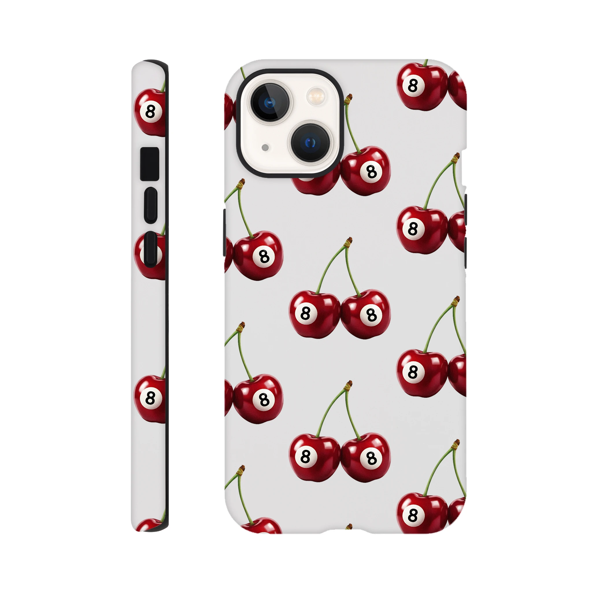 Lucky cherries wraparound print tough phone case for iPhone 16/15/14/13 with dual-layer protection.