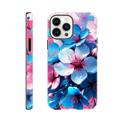 Vibrant blue and pink floral tough iPhone case designed for urban commuters and digital creators needing durable protection.